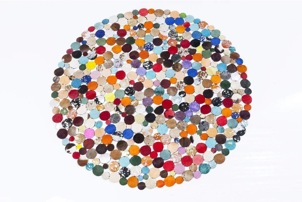 Kare Design Circle Multi apvalus austas skudurinio tipo kilimas, pagamintas iš karvės / ožkos odos, minkštas spalvingas didelis odinis kilimas su moderniu dizaino raštu, spalvingas, skersmuo 150 cm