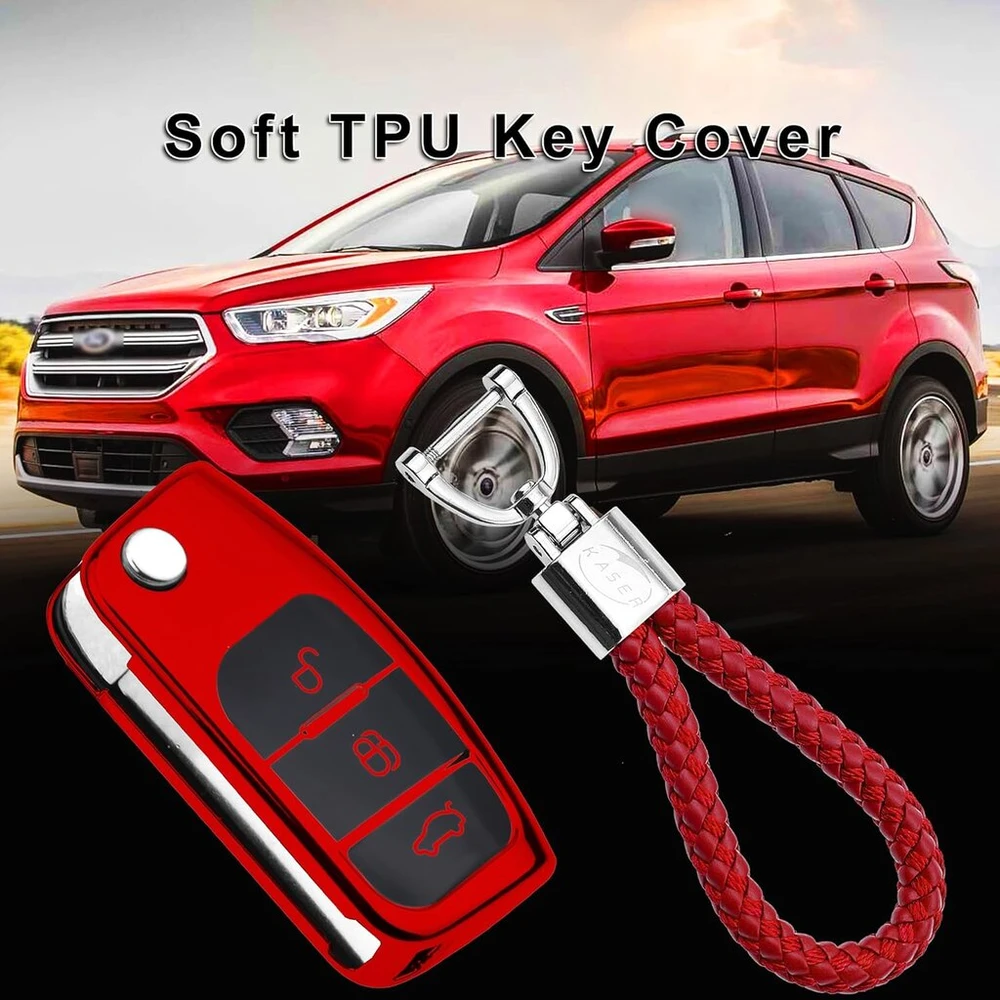Kaser automobilio rakto dėklas, suderinamas su Ford, tpu silikoninis blizgus apsauginis rakto dėklas, nuotolinio valdymo pultas fiesta focus fusion mondeo c-max kuga ecosport raktų pakabukas (sidabrinis)