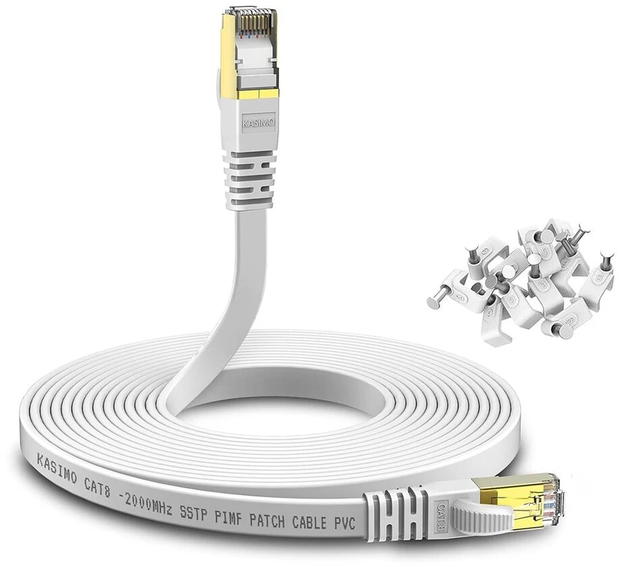 Kasimo Cat 8 lan kabelis 5 m plokščias 40 gbitų / 2000 mhz - tinklo kabelis cat 8 gigabitinis - ethernet kabelis su paauksuotu rj45 jungiamuoju kabeliu, baltas