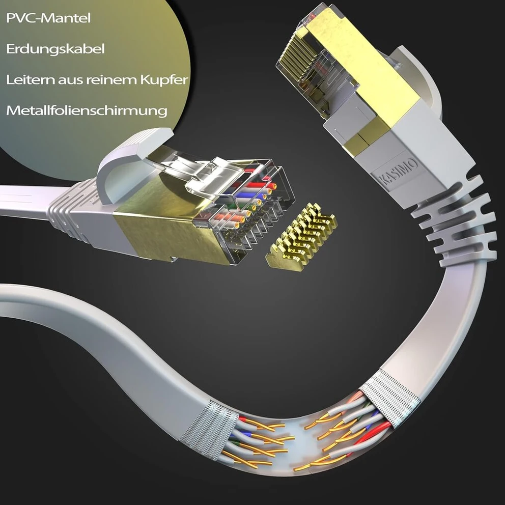 Kasimo lan kabelis 5 metrų tinklo kabelis cat 7 5 m cat 7 plokščias kabelis - 10 gbitų / 600 mhz - ethernet kabelis 5 m su paauksuotu rj45 - interneto kabelis 5 m baltas