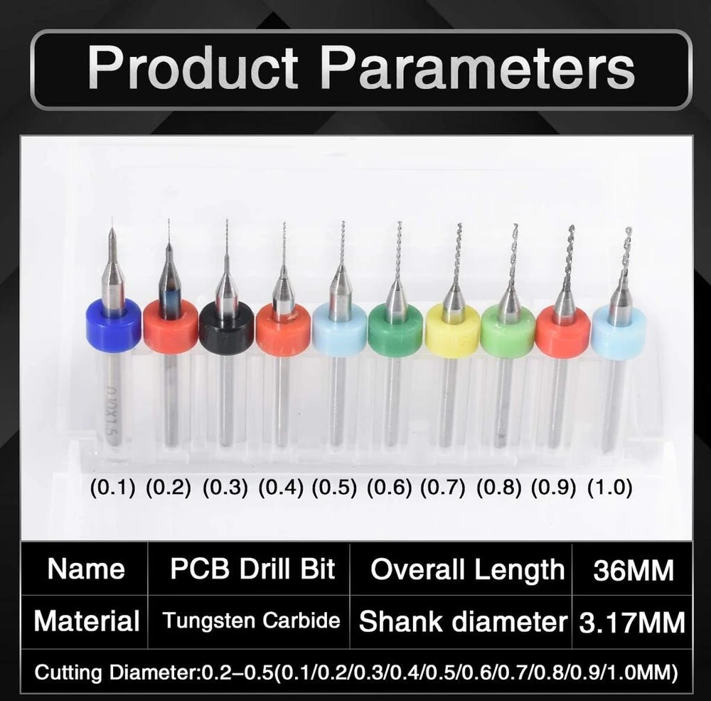 Katur mini pcb grąžtai 0,1–1,0 mm karbido spiraliniai grioveliai karbido mikro grąžtas rotacinis įrankis juvelyrinių dirbinių cnc plokštės galios graviravimo rinkinys, 10 vnt.