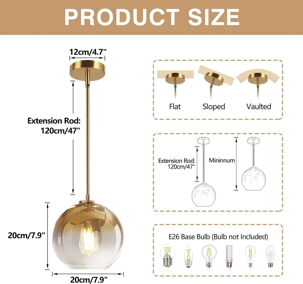 Kco Lighting gradientinio aukso spalvos pakabinamas šviestuvas su rutuliu, modernus pakabinamas šviestuvas svetainei, reguliuojamo aukščio pakabinamas šviestuvas miegamajam