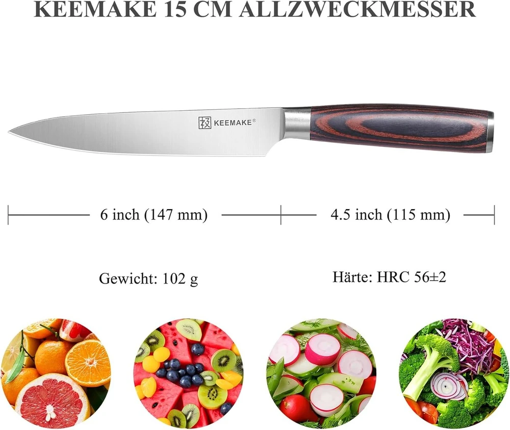 Keemake universalus virtuvinis peilis, 15 cm virtuvinis peilis, mažas virtuvinis peilis pagamintas iš aukštos kokybės nerūdijančio plieno, aštrus peilis, peilis daržovėms, šefo peilis su ergonomiška pakka medžio rankena