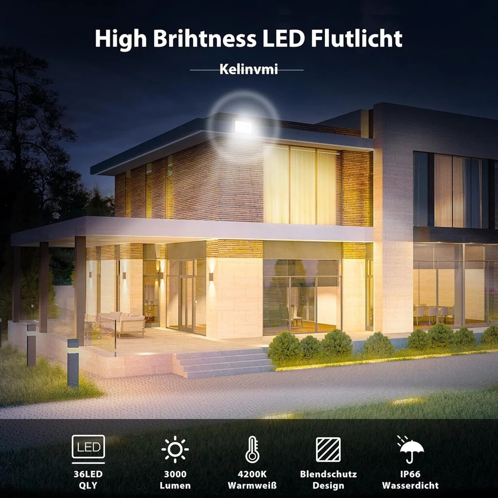 Kelinvmi 30 W Led lauko prožektorius, 3000 lm Led prožektorius, 4200 K šilta balta Ip66 atspari vandeniui lauko apšvietimas sodui, garažui, namams, kiemui, 50 cm laidai be kištuko, 2 vnt.