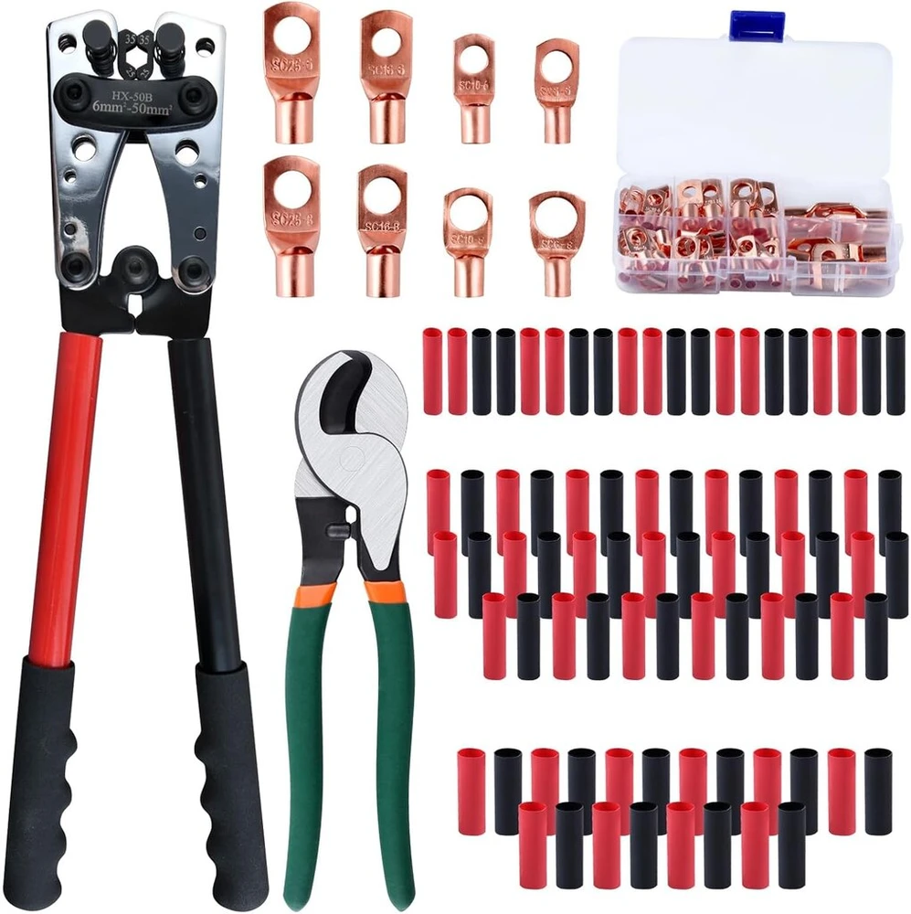 Kelioninis Leontool akumuliatoriaus kabelių užspaudimo įrankių rinkinys, skirtas Awg 8-1/0 elektros jungtims, didelio našumo ilgesnė rankena, akumuliatoriaus gnybtas, užspaudimo įrankis su kabelių žirklėmis, 60 varinių laidų gnybtai ir 100 termiškai susitraukiančių