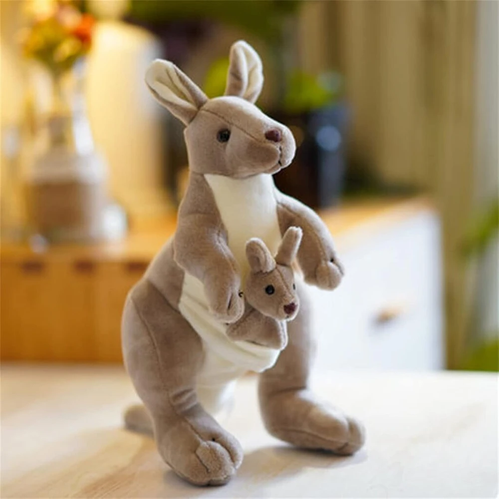 Kengūros pliušinis žaislas, mielas minkštas žaislas, kengūros mama ir vaikas, purus kimštinis kengūros žaislas apkabinimui, žaidimui ir miegui (28 cm)