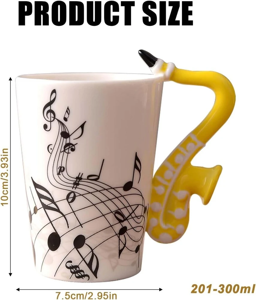Keraminė kavos puodelio su saksofono rankena ir muzikos natomis