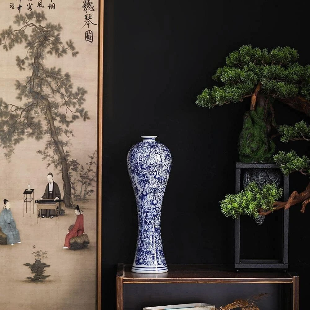 Keraminė vaza China, mėlyno ir balto porceliano, rankų darbo kinų dekoratyvinė gėlių vaza svetainei, namų dekorui, biurui, stalo puošmena (hulu)
