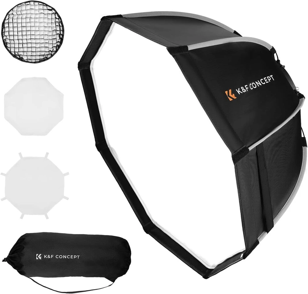 K&f Concept 55 cm/21 colių parabolinis softbox, greito atleidimo skėčio aštuonkampis softbox su korio tinkleliu + minkštas difuzorius + nešiojimo krepšys aštuonkampis softbox Bowens jungtis, skirta Cob vaizdo šviesai