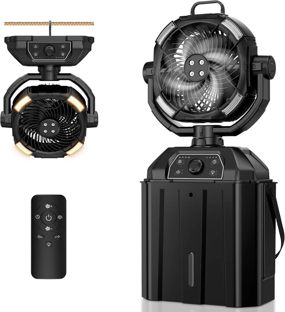 Kfonla nešiojamas ventiliatorius su rūku – 6 l kibiras, 20000 Mah ventiliatorius stovyklavimui, ventiliatorius su baterijomis, su Led lemputėmis ir nuotolinio valdymo pulteliu, Usb stalo ventiliatoriai terasoms, kelionėms, stovyklavimui