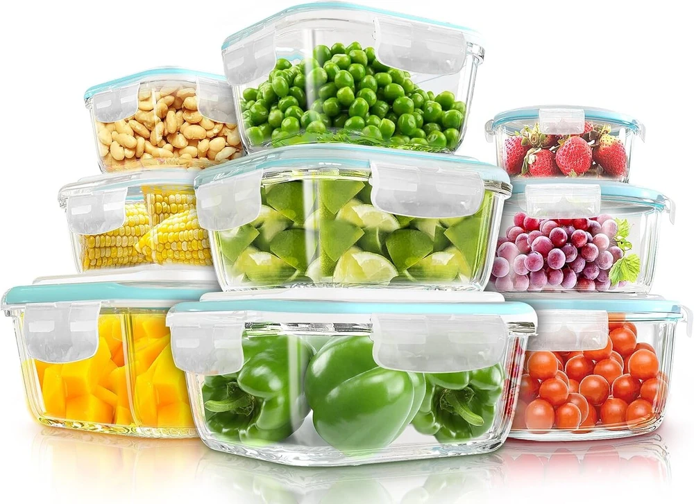 Kichly stikliniai maisto laikymo indai, 18 vnt. [9 indai + 9 dangteliai] – stikliniai indai – permatomi dangteliai – be Bpa – namų virtuvei ar restoranui