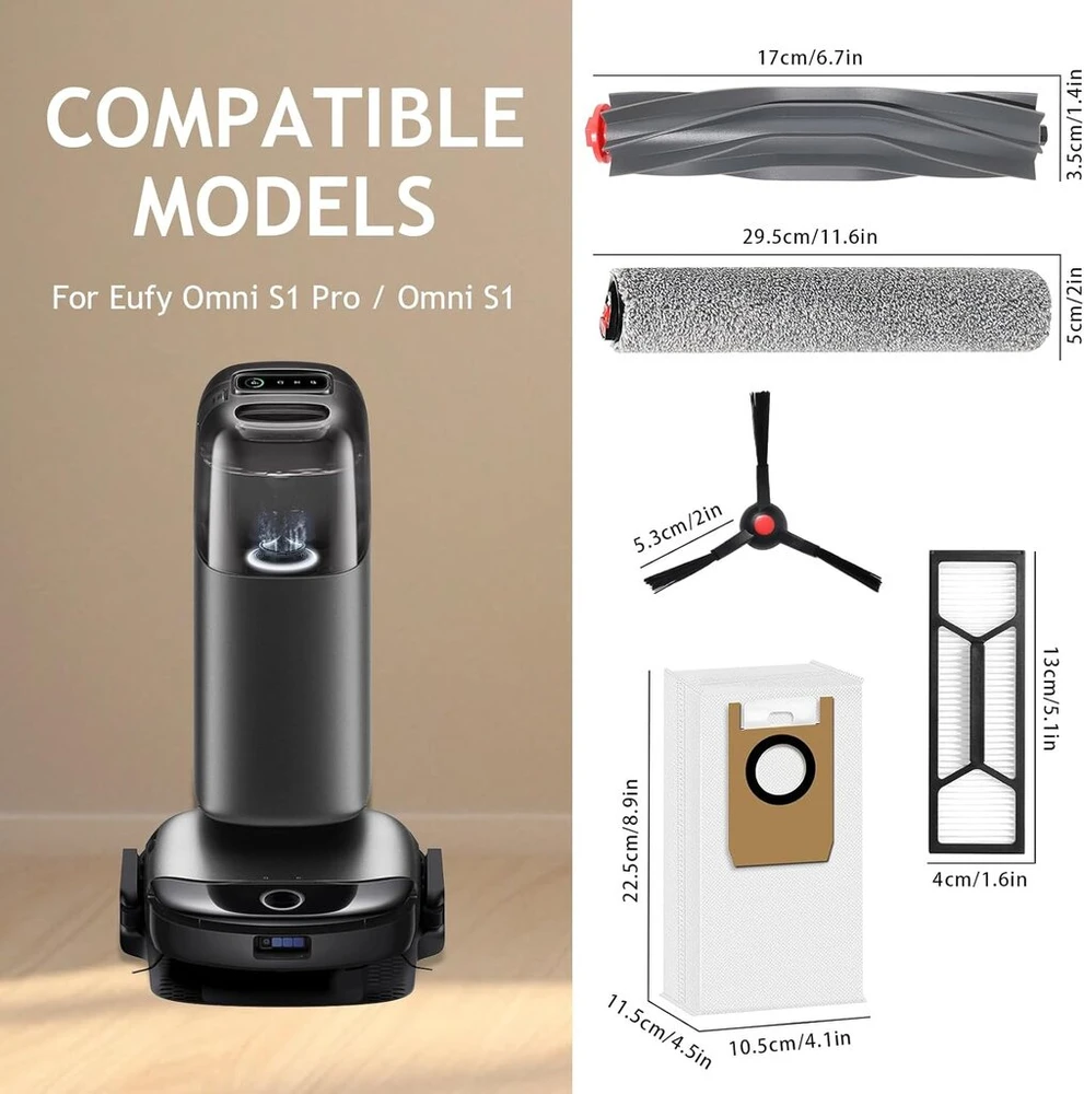 Kiimsin atsarginė dalis priedas, skirtas Eufy Omni S1 Pro/omni S1 robotui dulkių siurbliui, 1 pagrindinis šepetys, 1 valymo ritinys, 4 dulkių maišeliai, 4 filtrai, 6 šoniniai šepetėliai