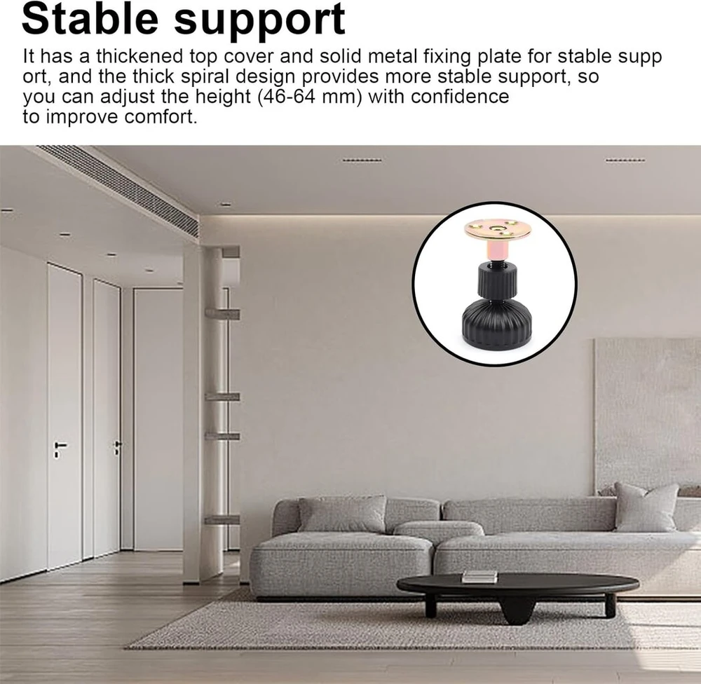Sofa Kinhard Apvalios baldų kojelės, 4 vnt., metalinės reguliuojamo aukščio kojelės 54–63 mm, juodos spalvos kojelės spintelėms, sofoms, stalams