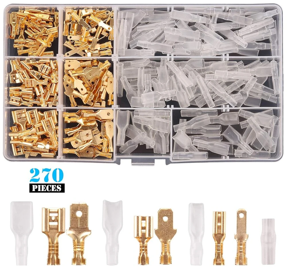 Kinstecks 270 dalių 2.8 mm 4.8 mm 6.3 mm ašmenų lizdų rinkinys, vielos jungtis, greita jungtis, užspaudžiamų gnybtų blokas, skirtas „pasidaryk pats“ elektriniams motociklams, transporto priemonėms, valtims