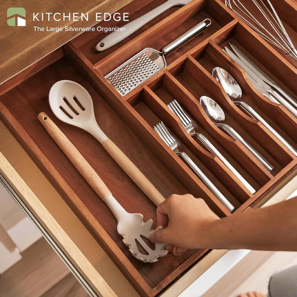 Kitchenedge Premium įrankių ir stalo įrankių laikiklis virtuvės stalčiams, išplečiamas iki 71 cm pločio, 10 skyrių, 100% akacija
