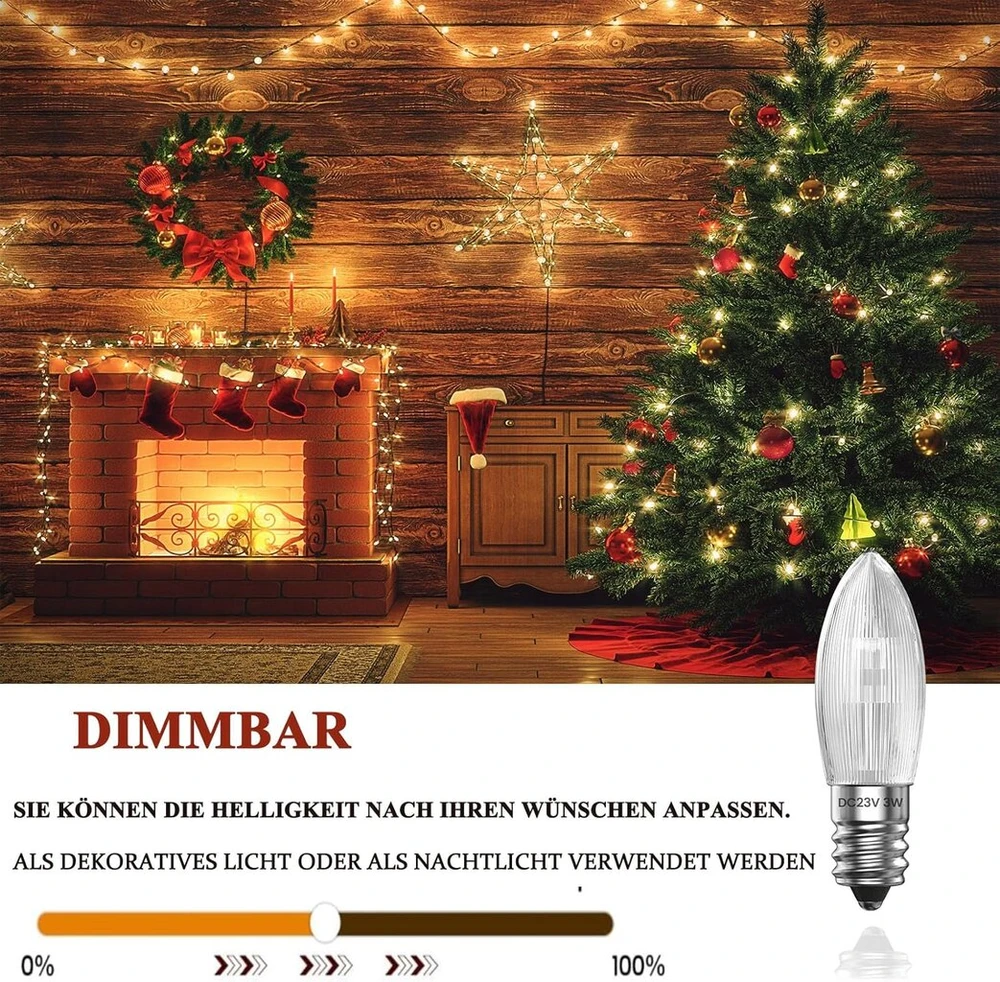Klarlight E10 žvakės arka 23 V 3 W žvakės lemputė šilta balta 2800 K reguliuojamo ryškumo gofruotos žvakės smailėjančios žvakės pakaitinės lemputės, žvakės arkos žvakės lempa fėjų žibintams, kalėdinio medžio apšvietimas