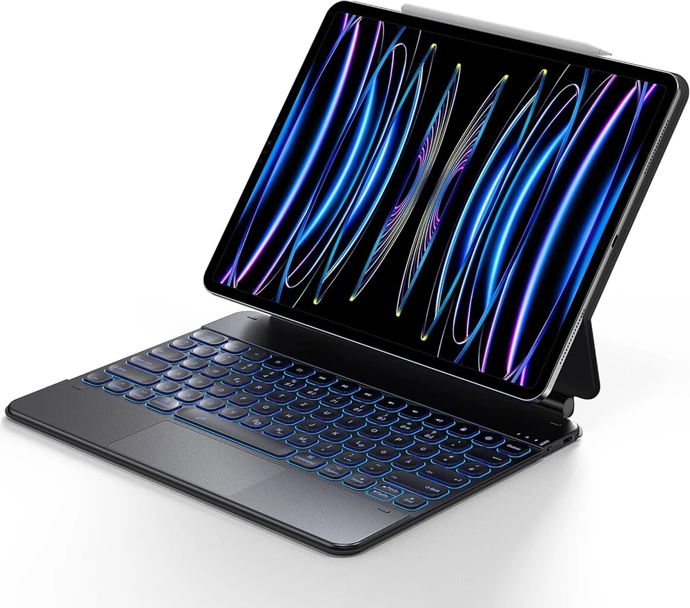Klaviatūra Cacoe bluetooth klaviatūros dėklas su jutikliniu kilimėliu, suderinamas su ipad pro 12.9 6th/5th/4th gen su magnetiniu plaukiojančiu stovu, multi-touch, 7 spalvų apšvietimas, su tap-c laidu, juodas