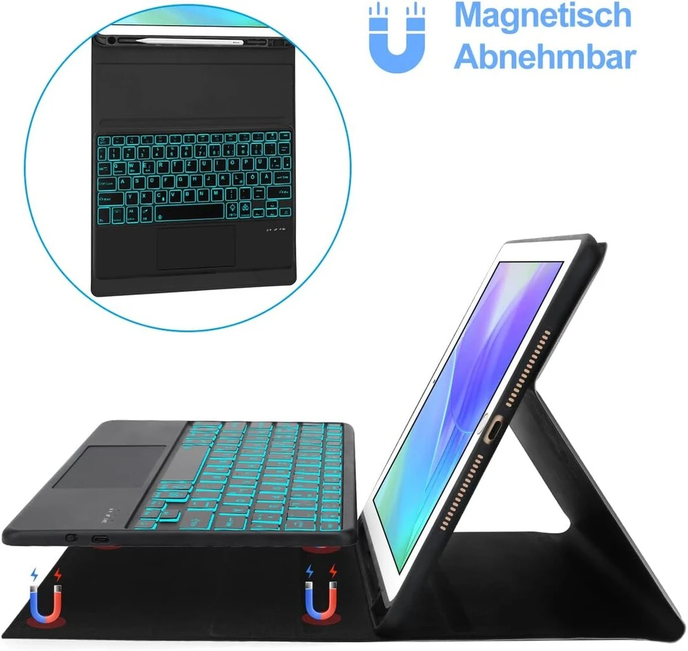 Klaviatūra, skirta ipad 6th generation su touchpad – dėklas-klaviatūra, skirta ipad 9.7, magnetinė nuimama lighting qwertz bluetooth klaviatūra, skirta ipad 6th gen 2018, 5th gen, pro 9.7, air 2 & 1, juoda