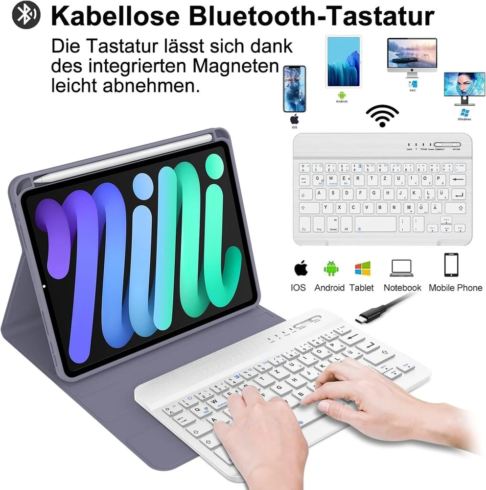 Klaviatūra, skirta ipad mini 7 (a17 pro) 2024/ ipad mini 6 2021, dėklas-klaviatūra, skirta ipad mini 7/6 generazione 8.3 colių, bluetooth klaviatūra nuimama qwertz, skirta ipad mini 6a/7a generazione 8.3 colių, violetinė