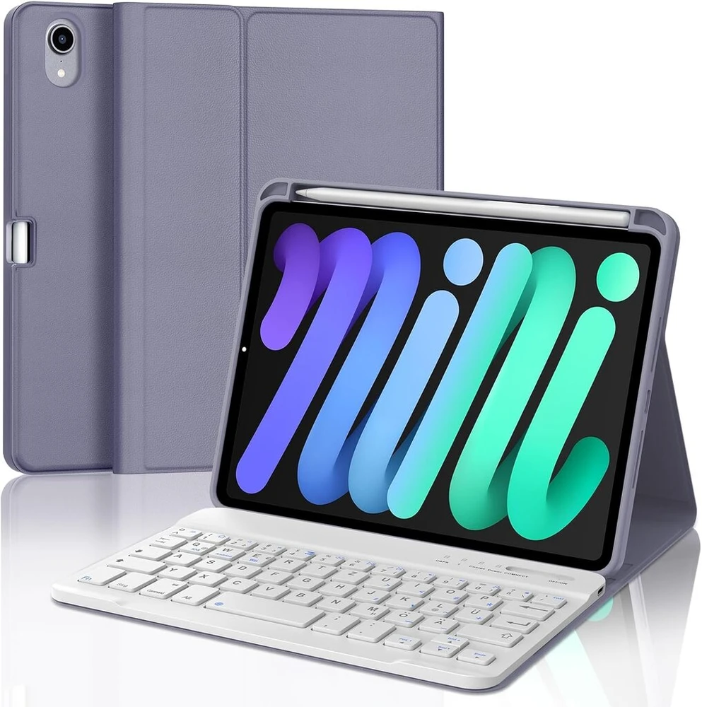 Klaviatūra, skirta ipad mini 7 (a17 pro) 2024/ ipad mini 6 2021, dėklas-klaviatūra, skirta ipad mini 7/6 generazione 8.3 colių, bluetooth klaviatūra nuimama qwertz, skirta ipad mini 6a/7a generazione 8.3 colių, violetinė