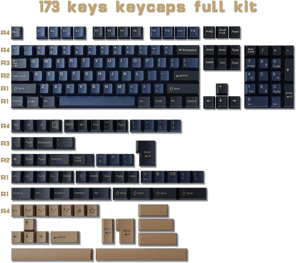 Klavišų dangteliai Double Shot Abs, 173 klavišai, pritaikyti klavišų dangteliai Ansi ir Iso (uk) išdėstymas Cherry profilis su 7u tarpo klavišu, skirtas Gateron Cherry Mx Switch mechaninei klaviatūrai