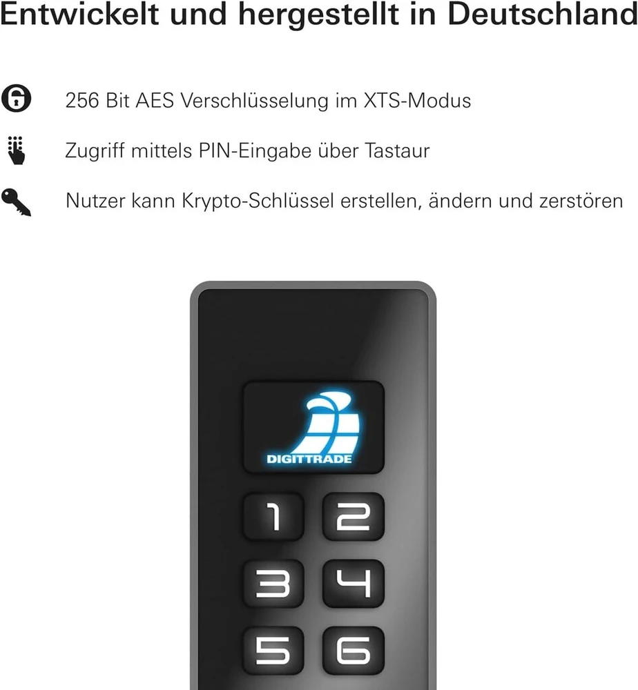 Kobra usb-c atmintinė 16 gb su aparatiniu šifravimu ir įvesties klavišu per klaviatūrą, sukurta ir pagaminta vokietijoje, lietinis korpusas, fips 197