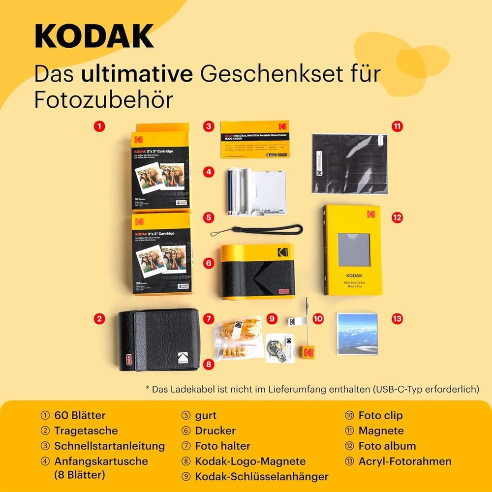 Kodak Mini 3 Era 4pass mobilusis nuotraukų spausdintuvas (7,6 x 7,6 cm) nuotraukų spausdintuvas + dovanų paketas + 8 lapai įtraukti + 60 lapų kasetė, geltonas