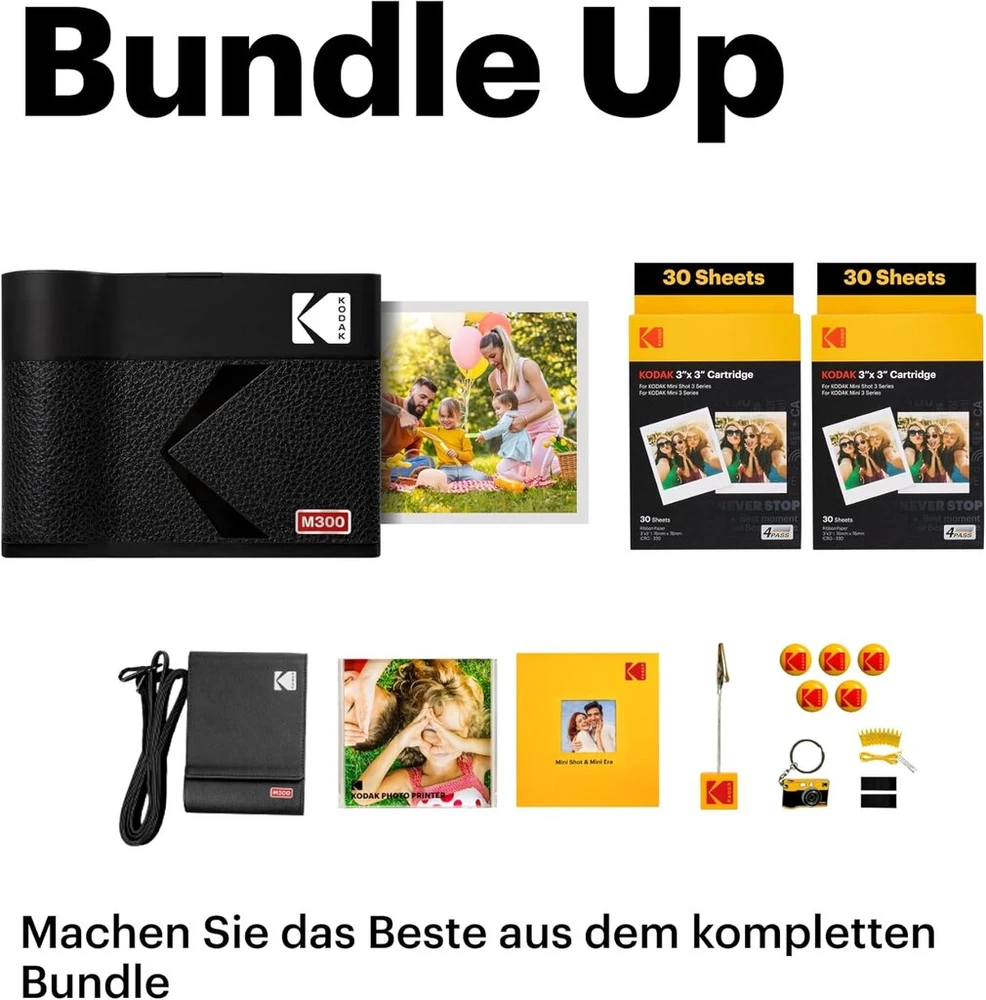 Kodak Mini 3 Era 4pass mobilusis nuotraukų spausdintuvas (7,6 x 7,6 cm) nuotraukų spausdintuvas + dovanų paketas + 8 lapai įtraukti + 60 lapų kasetė, geltonas