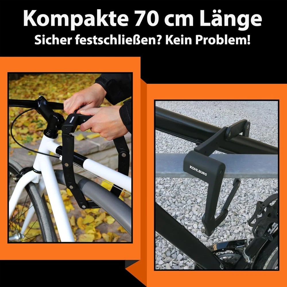 Kohlburg maža ir lengva sulankstoma dviračio spyna, svoris: 690 g, ilgis: 70 cm, saugi dviračio spyna pagaminta iš grūdinto plieno, skirta elektriniams dviračiams ir dviračiams, su laikikliu