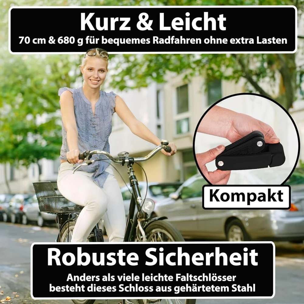 Kohlburg maža ir lengva sulankstoma dviračio spyna, svoris: 690 g, ilgis: 70 cm, saugi dviračio spyna pagaminta iš grūdinto plieno, skirta elektriniams dviračiams ir dviračiams, su laikikliu