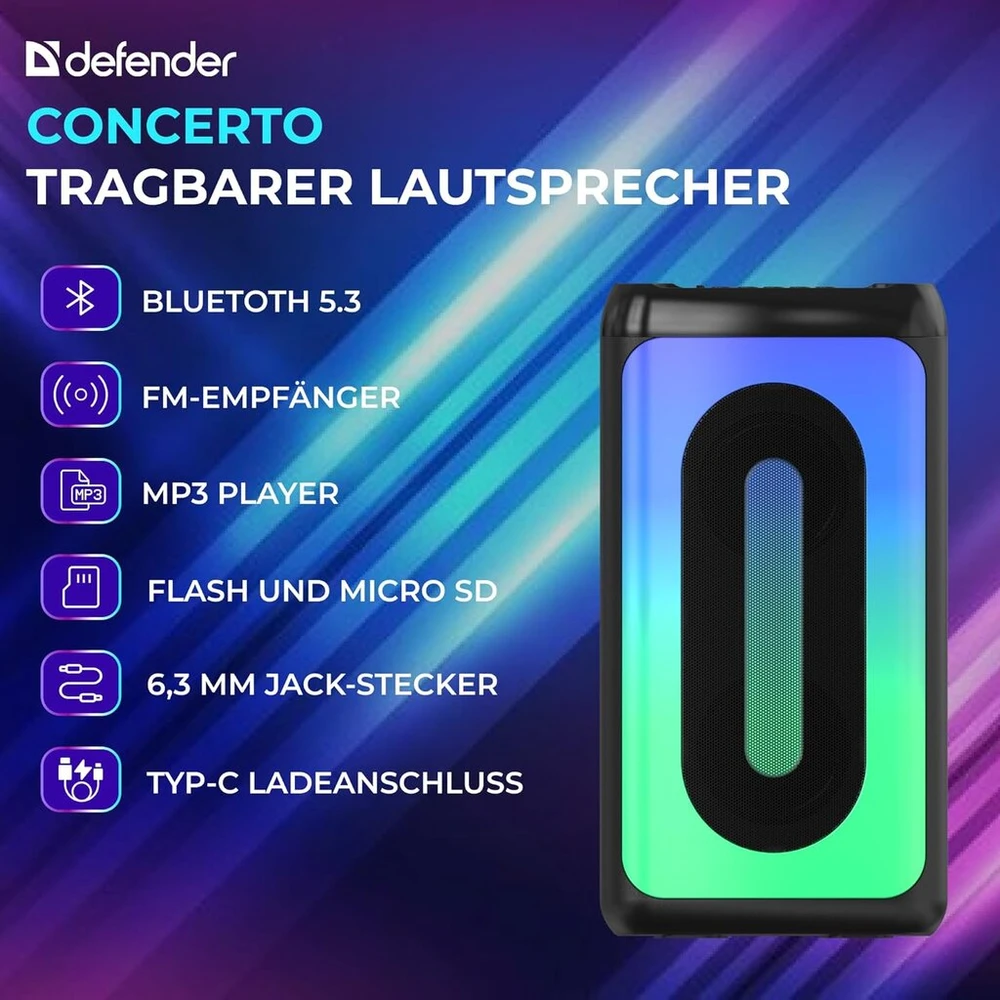 Kompiuterio kolonėlės Defender Concerto Bluetooth kolonėlė - galingas boombox, bt kolonėlė su mp3 grotuvu ir fm imtuvu, bluetooth muzikos grotuvas, palaiko usb atmintinę, microsd korteles, nešiojama garso dėžė