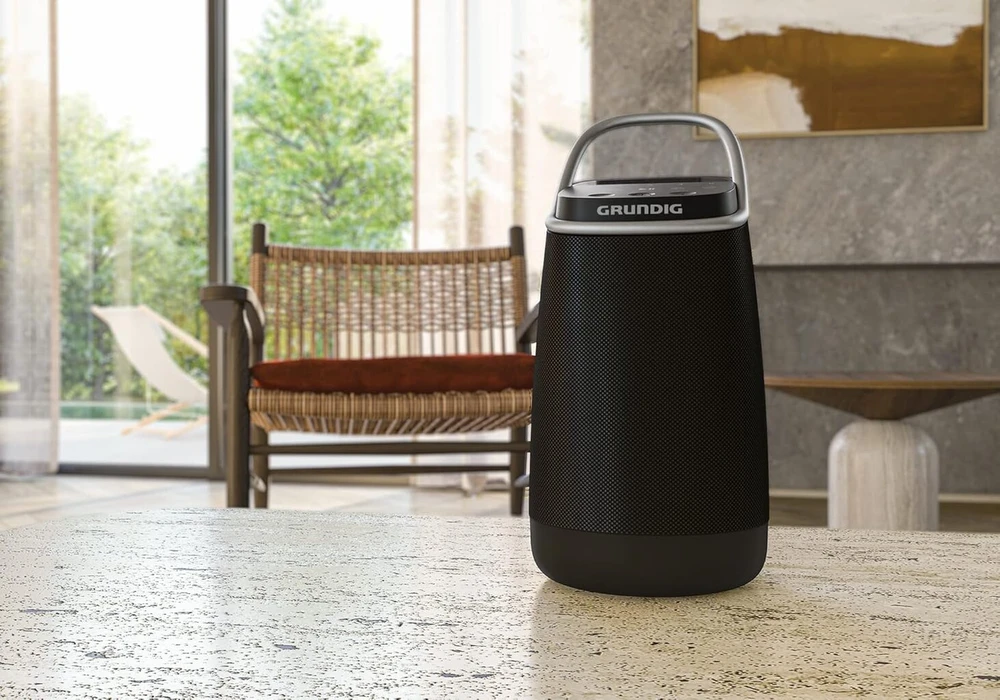 Kompiuterio kolonėlės Grundig Bluetooth kolonėlė Gbt Band 360, muzikos grotuvas, 360° garsas, 12 W Rms, iki 30 m veikimo nuotolis, iki 19 valandų baterijos veikimo laikas, Dab+ ir Fm radijas, Aux įvestis, Oled vienspalvis ekranas, juoda