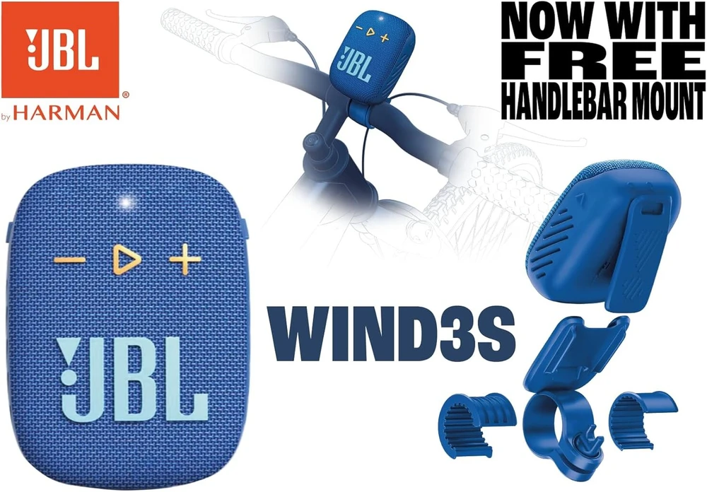 Kompiuterio kolonėlės Jbl Box Wind 3s nešiojama mini bluetooth kolonėlė atspari vandeniui su spaustuku sportui, dviračiui ir paspirtukui - Bass Boost - mėlyna