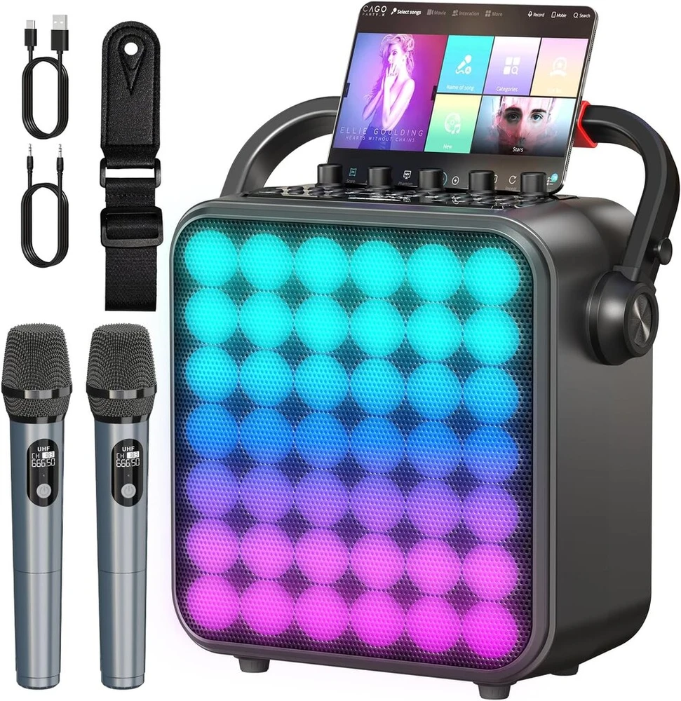 Kompiuterio kolonėlės Karaokės aparatas su 2 mikrofonais - nešiojama karaokės sistema su disco Led apšvietimu, Bluetooth/tf/usb/aux/tws, garsiakalbis su mikrofonu vaikams, šeimai ir draugams