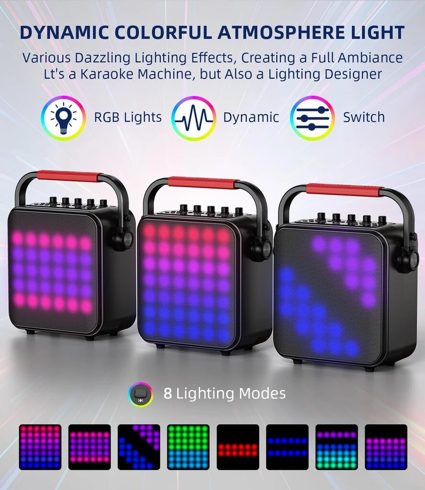 Kompiuterio kolonėlės Karaokės aparatas su 2 mikrofonais - nešiojama karaokės sistema su disco Led apšvietimu, Bluetooth/tf/usb/aux/tws, garsiakalbis su mikrofonu vaikams, šeimai ir draugams