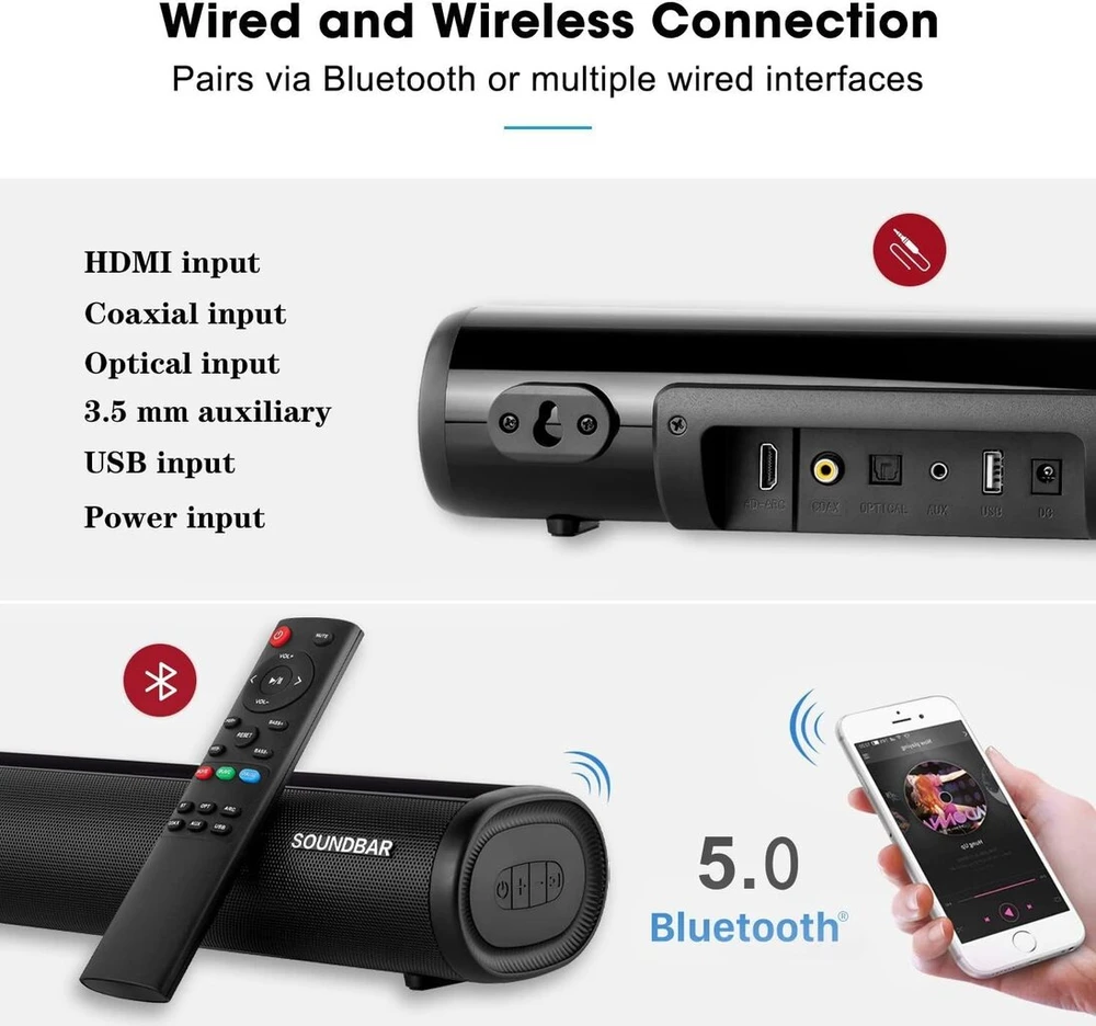 Kompiuterio kolonėlės Mini Soundbar 60w, Bluetooth 5.0, Optinis/aux/rca, Namų kino garso sistema