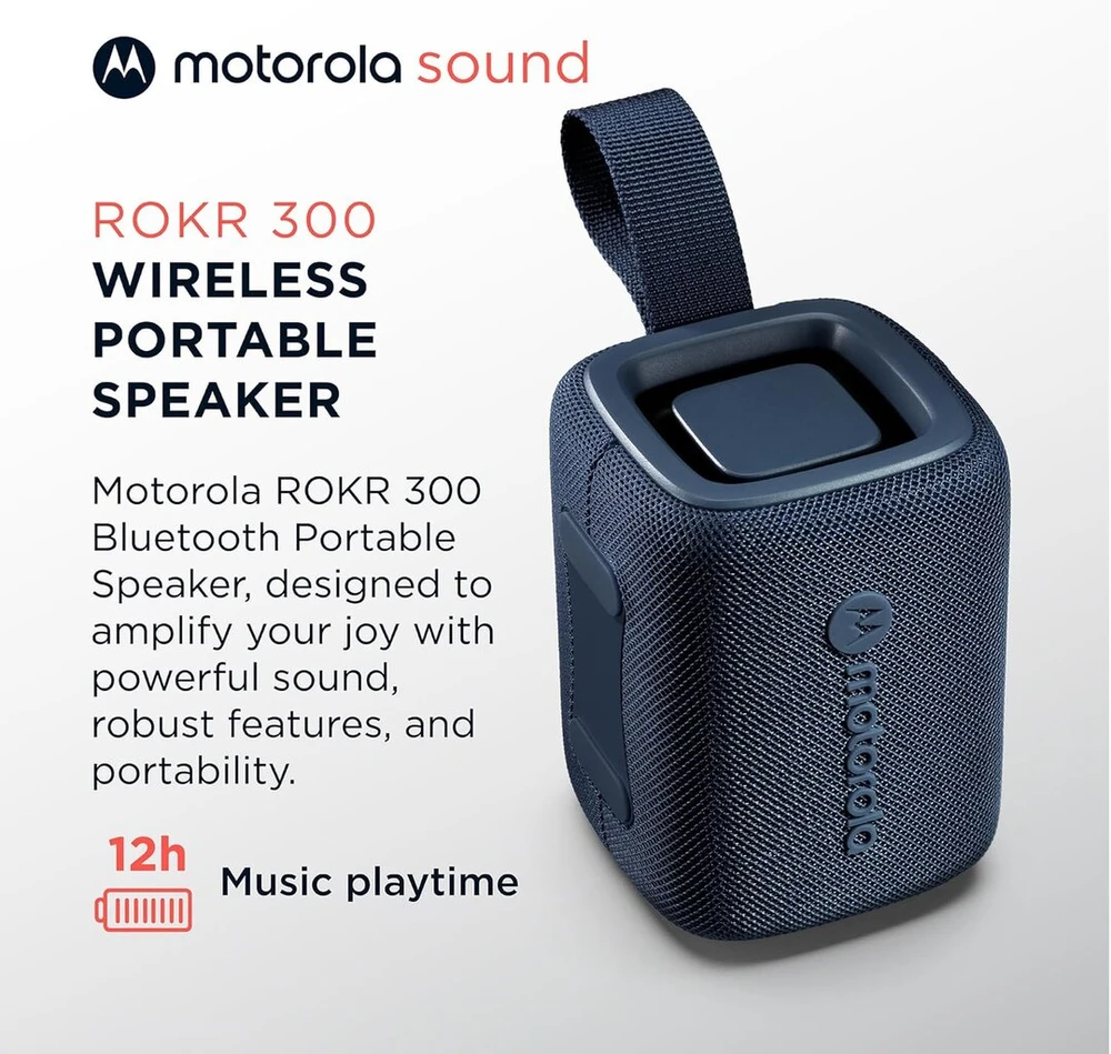 Kompiuterio kolonėlės Motorola Sound Rokr 300 Bluetooth 5.3 garsiakalbis - nešiojamas belaidis 7w garsiakalbis - Ip67 kompaktiškas garsiakalbis, atsparus vandeniui ir dulkėms - 12 valandų veikimo laikas, mėlynas