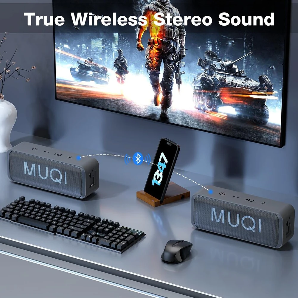 Kompiuterio kolonėlės Muqi Bluetooth garsiakalbis, muzikos grotuvas su Ipx7 atsparumu vandeniui, belaidės kolonėlės, 10 W stereo garsas, intensyvus žemų dažnių garsas, 24 valandų grojimo laikas, įmontuotas mikrofonas, nešiojama kolonėlė namams, laukui (pilka)