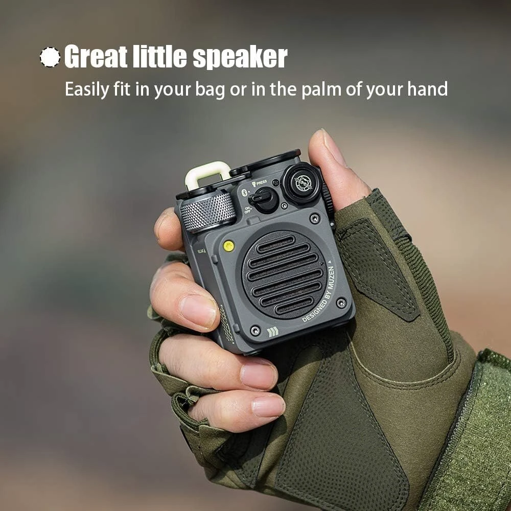 Kompiuterio kolonėlės Muzen wild mini bluetooth garsiakalbis, mažas, nešiojamas garsiakalbis, garsiakalbis dviračiui, tvirtas, muzikos grotuvas su šviesa stovyklavimui, naudojimui lauke, ipx5 atsparus vandeniui su žibintuvėliu, dovana tėčiui vyrams