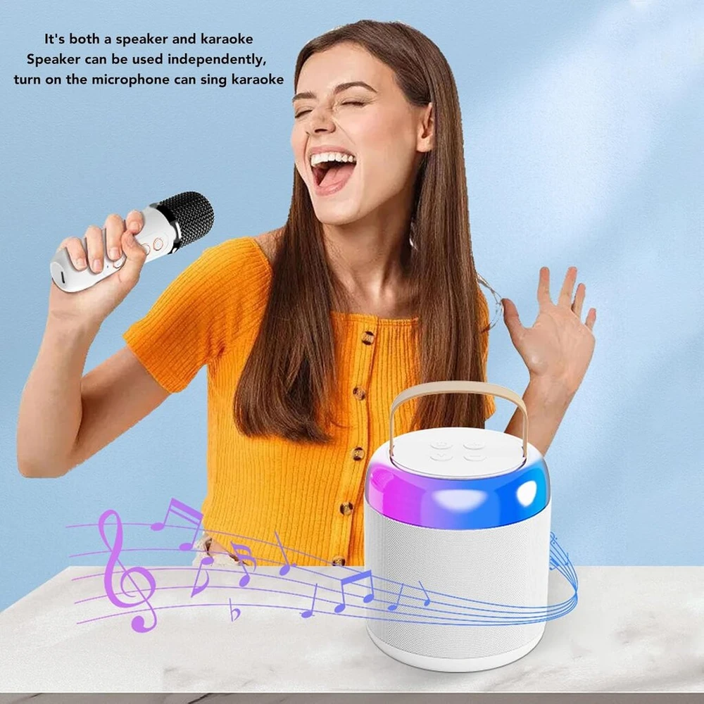 Kompiuterio kolonėlės Nešiojamas karaoke rinkinys, rgb bluetooth garsiakalbis su 2 belaidžiais mikrofonais vaikams ir suaugusiems, palaiko 512g atmintį, rankinis mikrofonas šeimos šventėms