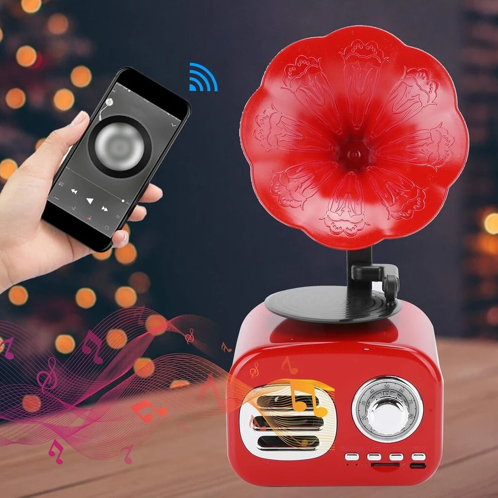 Kompiuterio kolonėlės Retro bluetooth kolonėlė, gramofono formos bluetooth kolonėlė, vintažinis namų miegamojo dekoras, retro muzikos grotuvas (raudona)