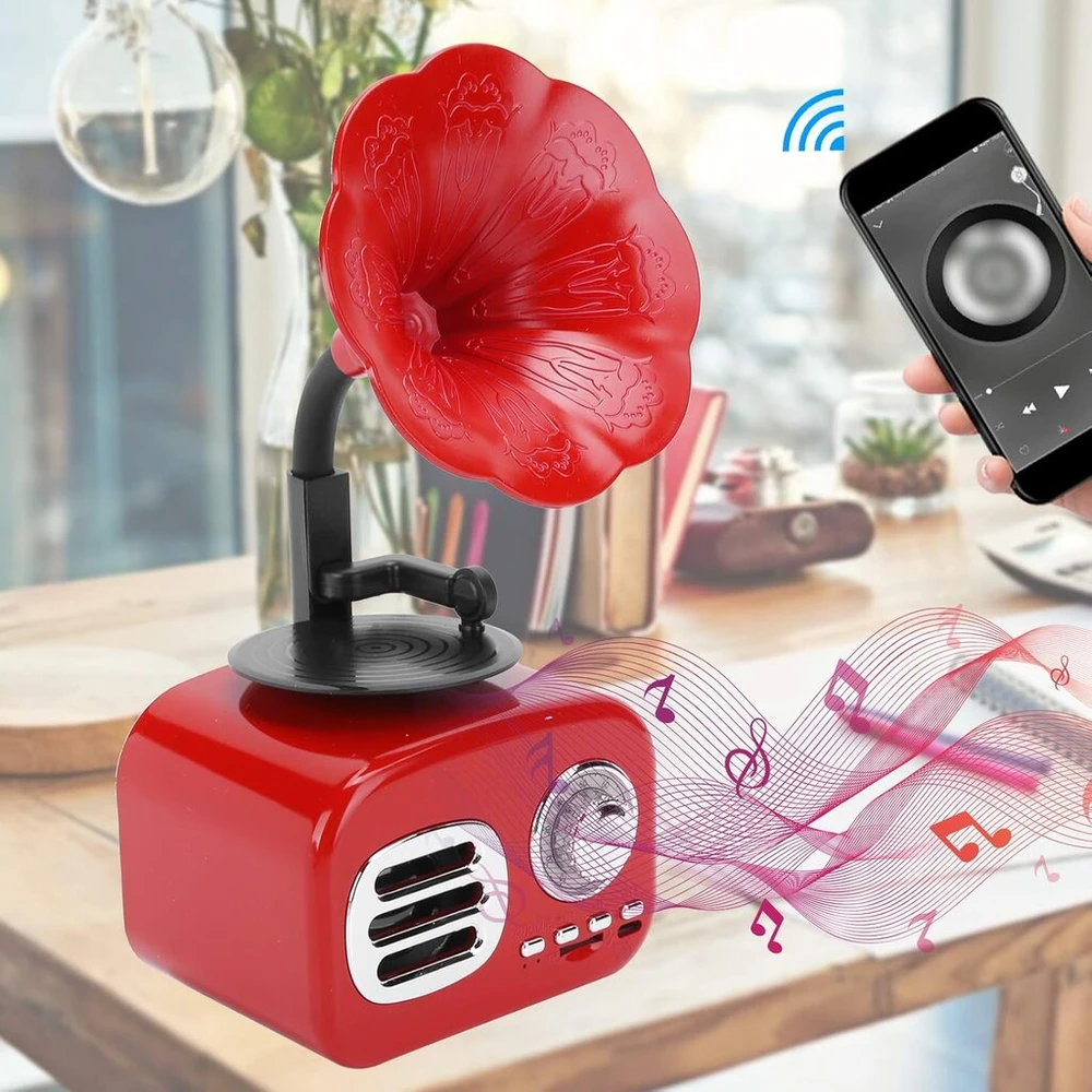 Kompiuterio kolonėlės Retro bluetooth kolonėlė, gramofono formos bluetooth kolonėlė, vintažinis namų miegamojo dekoras, retro muzikos grotuvas (raudona)