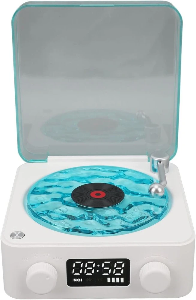 Kompiuterio kolonėlės Retro patefono bluetooth garsiakalbis, 4 režimai, nešiojamas belaidis patefono stereo garsiakalbis su laikrodžiu ir švelnia naktine lempute pramogoms ir namų dekoravimui