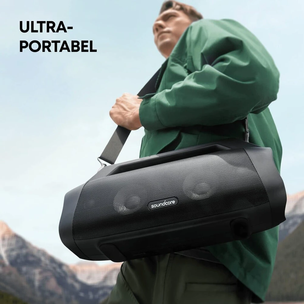 Kompiuterio kolonėlės Soundcore Anker Motion Boom Plus Ip67 lauko kolonėlė, 80w stereo garsas, individualus Eq ir Bassup, Usb-c, Bluetooth, integruotas maitinimo blokas, atspari vandeniui, stovyklavimui, prie baseino, paplūdimyje, sode