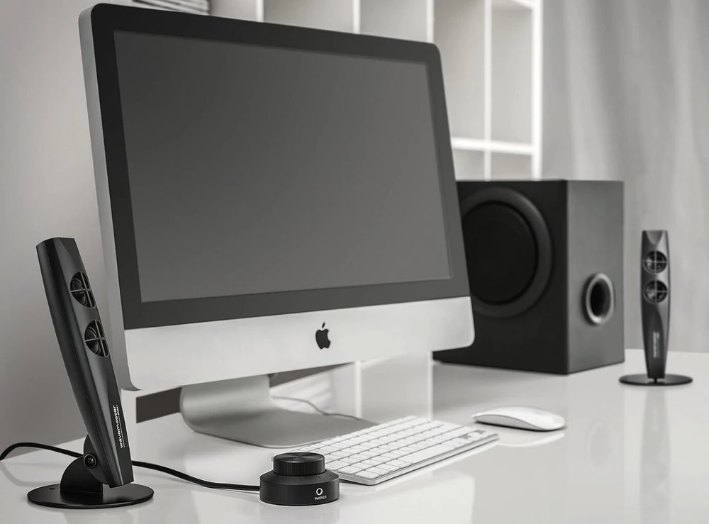 Kompiuterio kolonėlės Wavemaster 66208 - stax 2.1 stereo sistema 22w žemų dažnių garsiakalbis 10w palydovai su žemų dažnių reguliavimu ir nuotoliniu valdymu