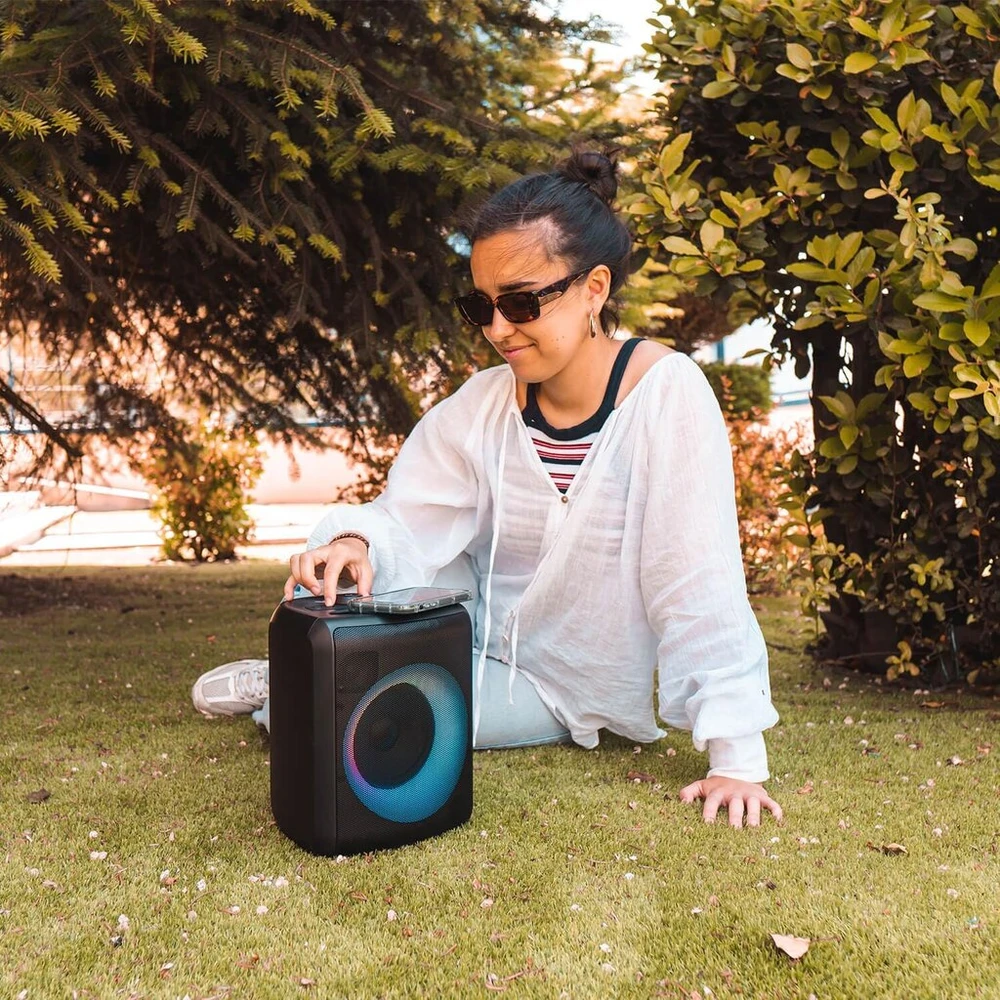 Kompiuterio kolonėlės Woxter Monster nešiojama bluetooth kolonėlė su karaoke funkcija, rgb, 2000mah baterija, 60w galia, keli bluetooth 5.3 įėjimai, mikrofono įvestis, micro sd, aux ir usb