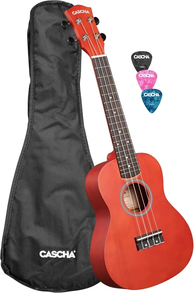 Koncertinis ukulele liepa, raudonas, su krepšiu ir 3 plektrais