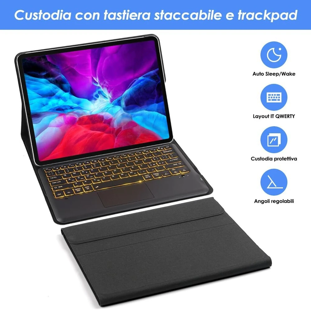 Klaviatūra Koochuwah bluetooth klaviatūros dėklas k12 su 11 spalvų jutikliniu kilimėliu, apšviestas iš galo, itališkas išdėstymas, įkraunamas dėklas, suderinamas su ipad pro 12.9 colių 2021/2020/2018