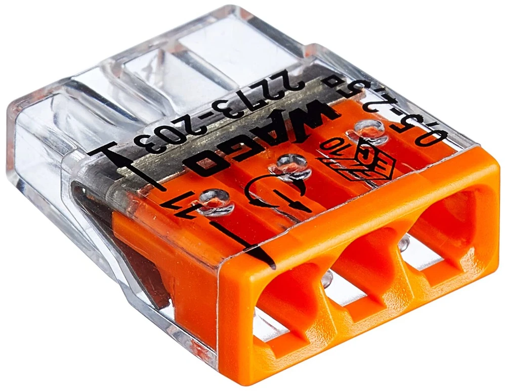 Kopp 33346421 Wago Compact jungties gnybtas 3 laidų spaustukai oranžiniai 0,5–2,5 mm² 100 vnt. pakuotė, skaidrus/oranžinis