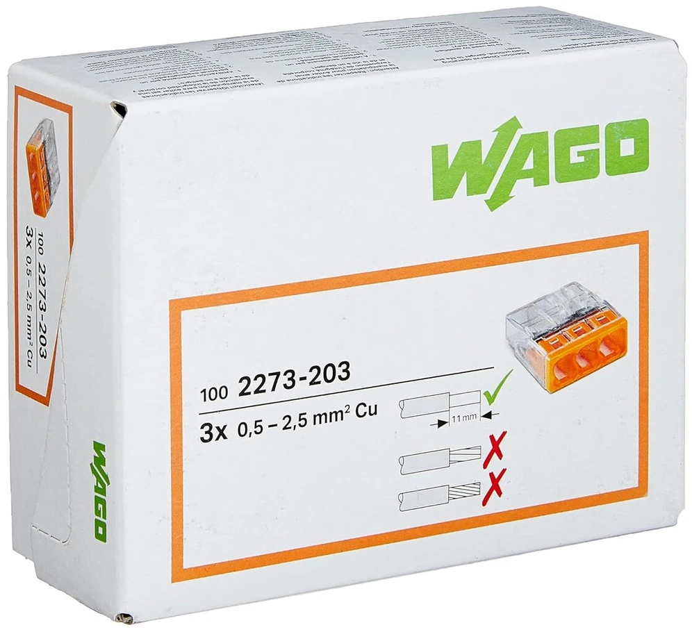 Kopp 33346421 Wago Compact jungties gnybtas 3 laidų spaustukai oranžiniai 0,5–2,5 mm² 100 vnt. pakuotė, skaidrus/oranžinis